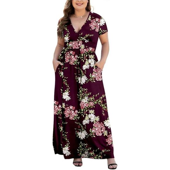 Short Sleeve V-Neck Plus Size Maxi Dresses with Pockets - Picture 1 of 3